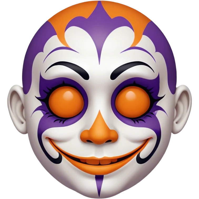 Juggalo smiley face that is Perfectly round and hairless with white skin and elaborate but symmetrical lined face paint that is orange outlined in dark purple emoji