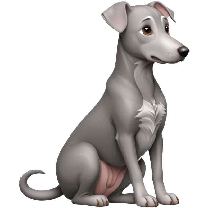 cinematic-[weimeraner-realistic-full-body-sitting-emoji,-tail-resting-loosely-beside-its-paws,-head-tilted-dramatically, -sleek-[grey]-fur,-simplified-yet-realistic-focused-features,-highly-detailed,-glowing-with-an-almost-sarcastic-glow emoji