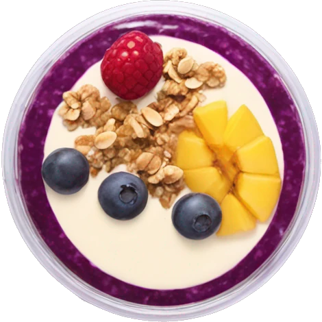 Açaí in a clear cup with layers of fruits and granola and condensed milk emoji