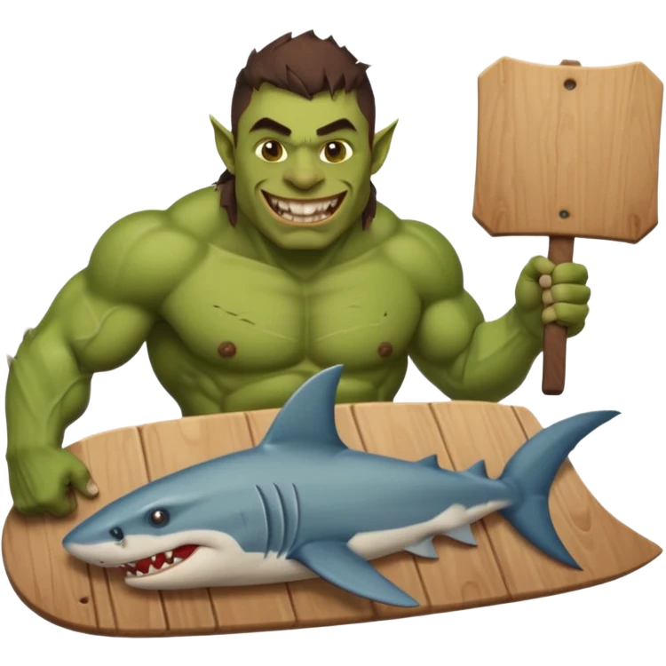 orc male holds a board with a shark painted vertically in his hands emoji