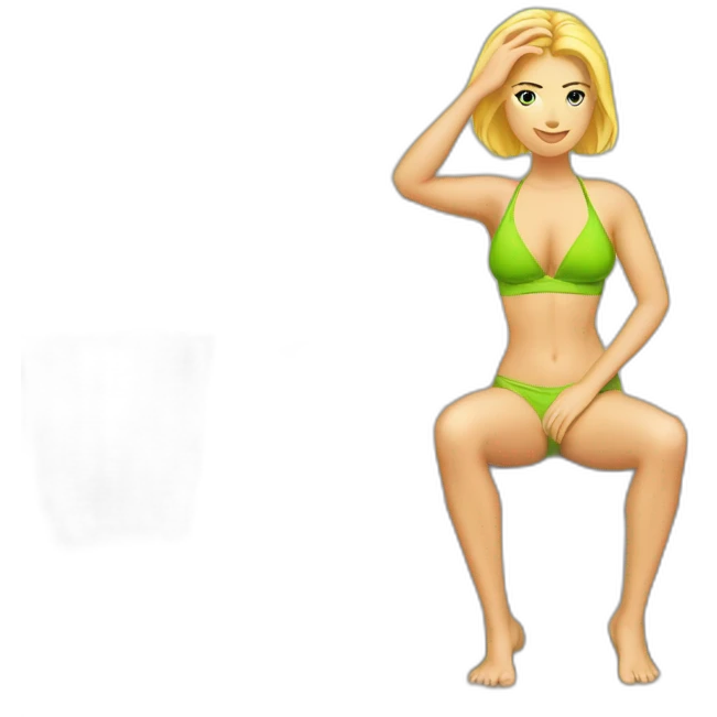 Soft -fit Caucasian woman bikini abs (hands-in-hair pose) (full body) couch emoji