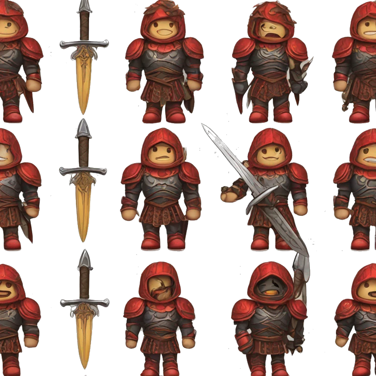 Vintage Tanned man with black hair pointed chin and stern face wearing red and black armour holding sword vintage intricate patterns emoji