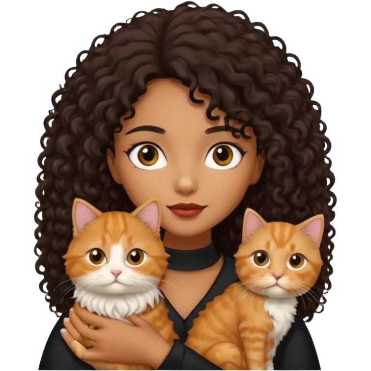 a brown/tan girl with black curly hair holding a ginger Persian cat with long fur emoji