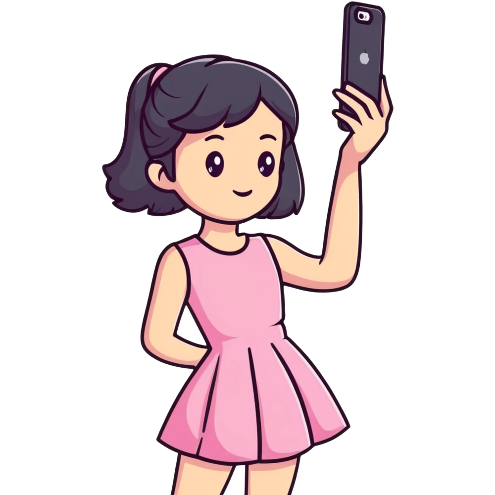 girl wearing a cute pink dress taking a selfie emoji