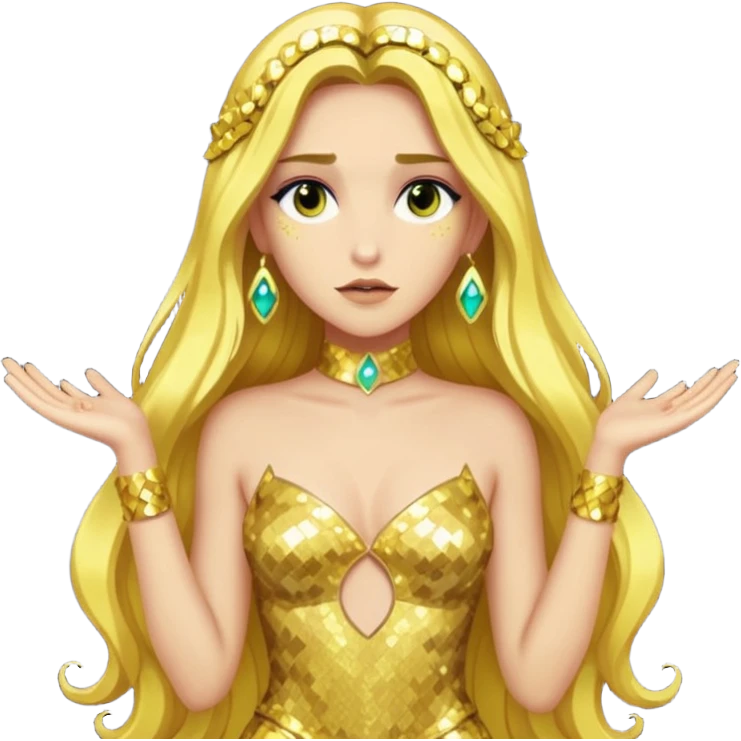 Hera from Lore Olympus with long gold hair, gold sequin outfit emoji