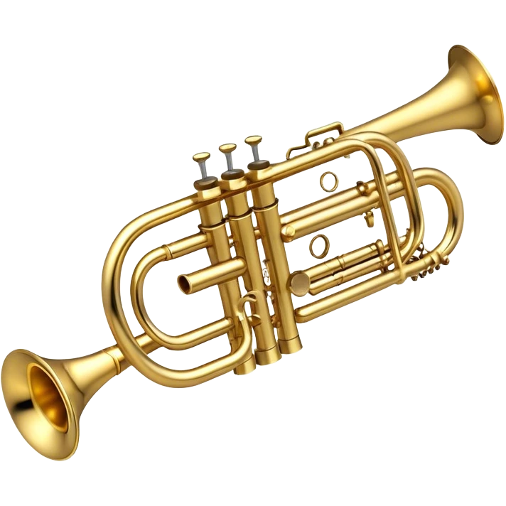 Create a sleek and professional emoji representing a Stomvi trumpet. The design should showcase the shiny, polished brass body of the trumpet with its distinct bell, valves, and tuning slides. Highlight the intricate keywork and the valve pistons, with detailed metallic accents and subtle reflections on the surface. The mouthpiece should be visible at the top of the instrument. Use golden and brass tones with light reflections to emphasize the smooth, high-quality finish. Add a few musical notes floating around the trumpet to evoke its bright and resonant sound. The background should be transparent. emoji