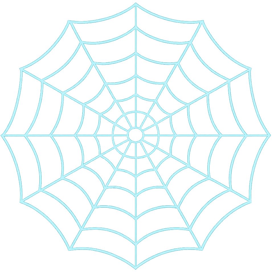 Render the spider web with all web strands looking like glowing blue lasers in the style of apple emojis. Transparent background. emoji