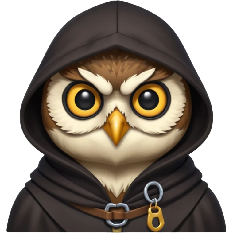 thief owl portrait, head and shoulders only, mysterious eyes, dark hood collar, silent night burglar vibe, 3D cartoon, mobile game icon style, clean background, no text, no watermark
 emoji