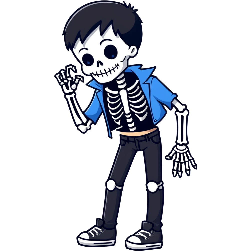 black-haired, blue-eyed person wearing a black skeleton top and ripped black jeans emoji