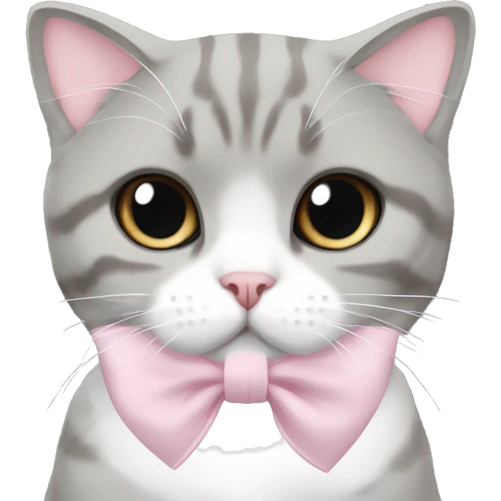 scottish fold gray and white cat with light pink bow on the neck emoji