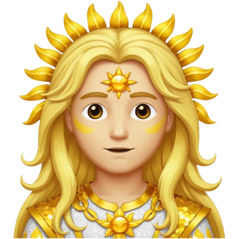 Sol, God of Sun from Gods and Goddesses with long golden blonde hair, yellow and white sequin outfit emoji