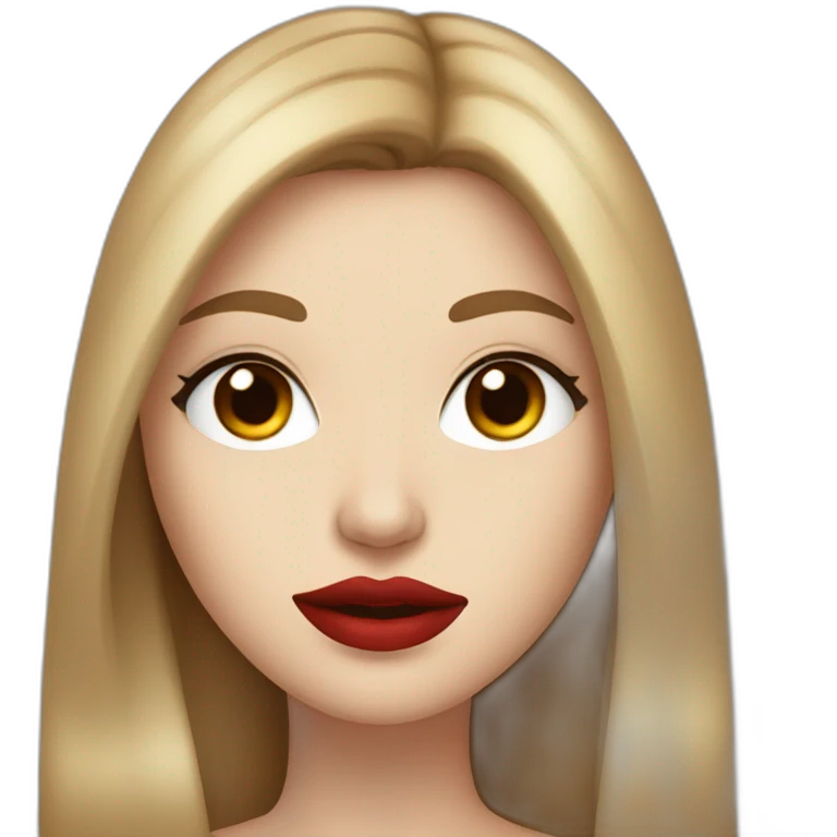 straight long brown hair,red lipstick,black eyes, white skin and a small nose emoji