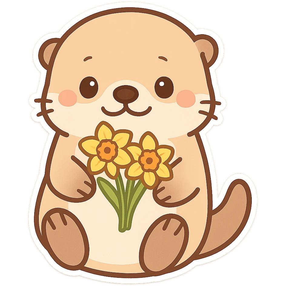 Sea otter with daffodils on its belly, cartoon style, Q version sticker style, simple and cute emoji