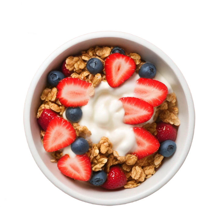 Top view of a yogurt bowl with strawberries and granola emoji