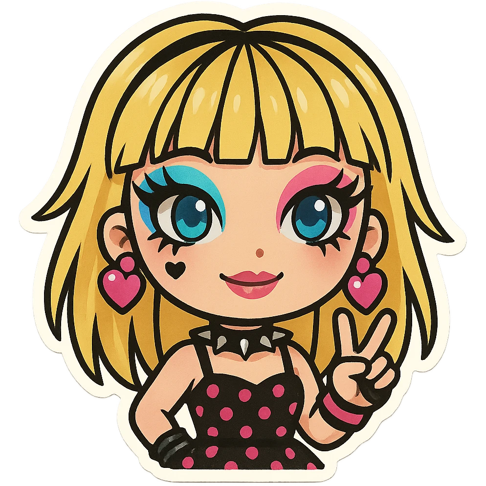 emoji inspired by Betsey Johnson, featuring punk glam elements, vibrant makeup, and whimsical fashion emoji