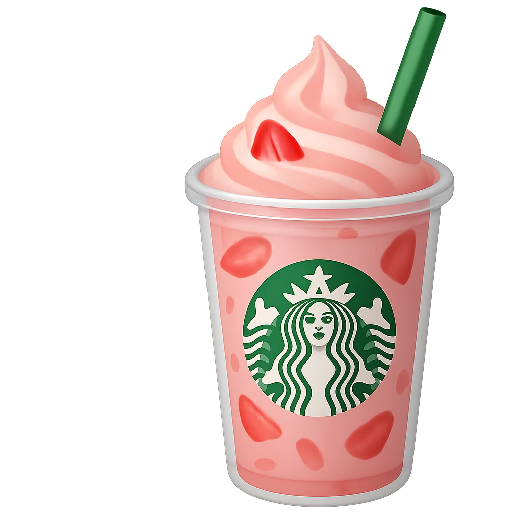 Show the strawberries inside the drink as thinly sliced pieces, keep the light pink Starbucks drink in a clear cup with green straw, in emoji style with no background. emoji