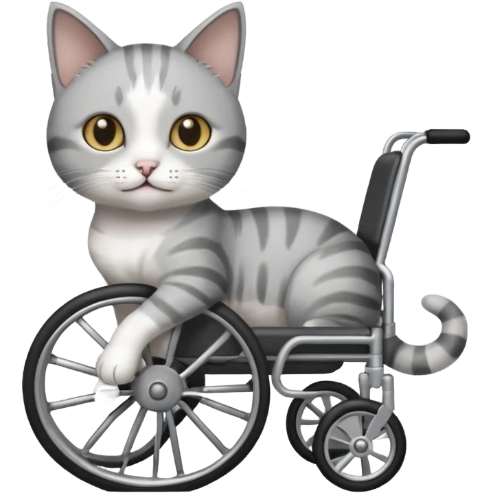 disabled grey and white small cat using cat specific wheelchair emoji