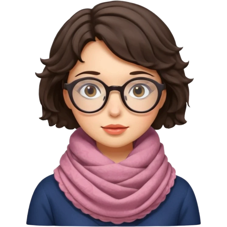 A shy brunette hair wavy short hair woman with big round glasses and thick scarf, blushing from the cold. emoji