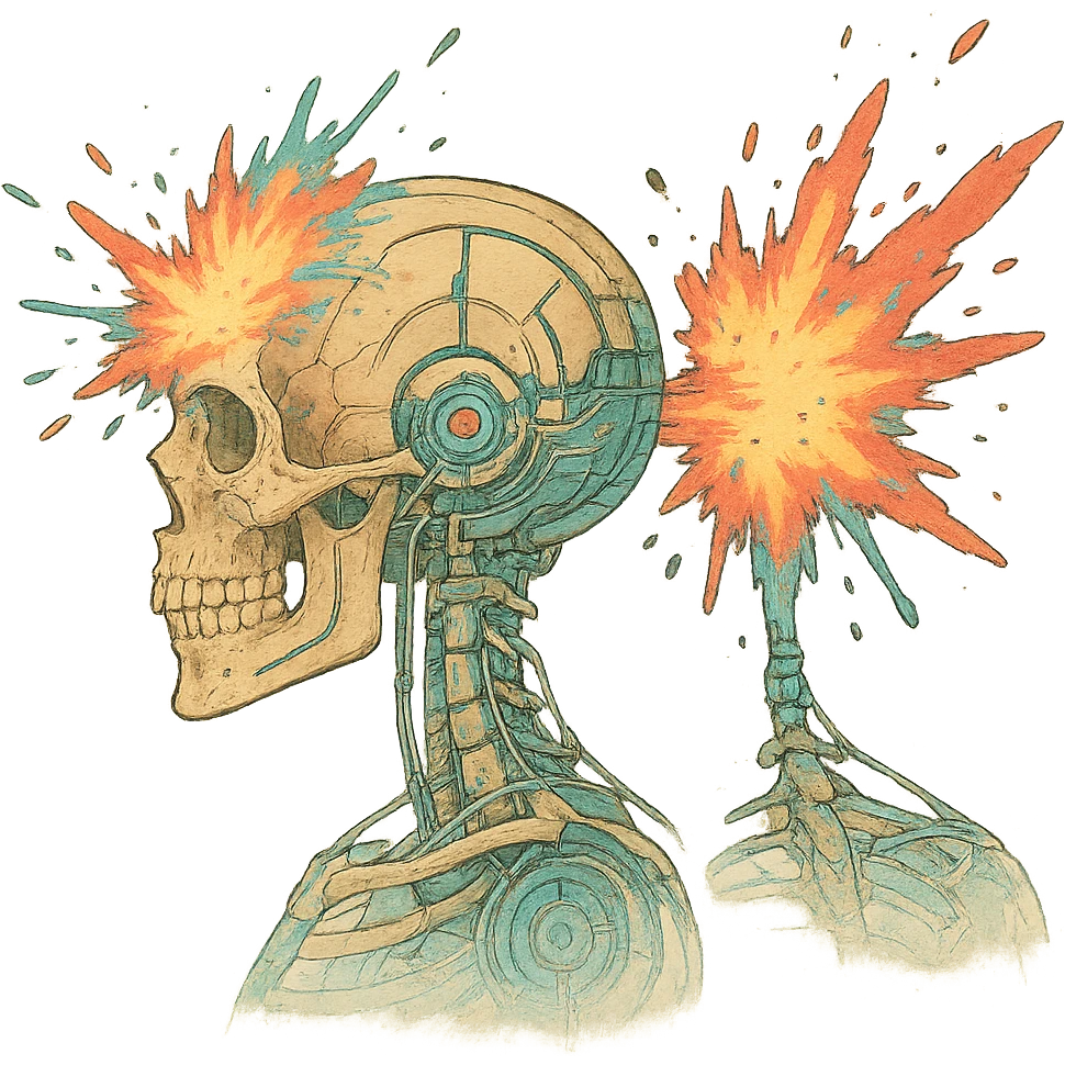 a skull exploding, anatomical diagram, front and back impact points, cyberpunk futuristic emoji