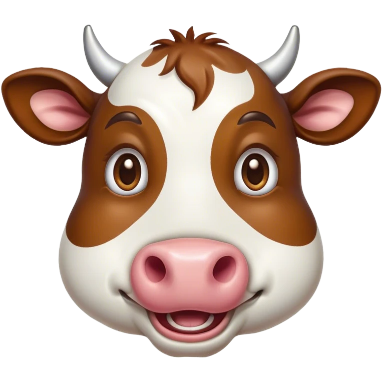 Cinematic Comical Brown and White Cow Portrait Emoji, Head tilted dramatically with an exaggeratedly amused expression, featuring a striking, glossy hide with a dynamic mix of brown and white, wide, expressive brown eyes filled with playful disbelief, Simplified yet hilariously expressive features, highly detailed, glowing with a slightly sassy glow, high shine, dramatic yet playful, stylized with an air of cheeky mischief, bright and endearing, soft glowing outline, capturing the essence of a spirited and over-the-top cow, so meme-worthy it feels like it could moo its way into internet fame instantly! emoji