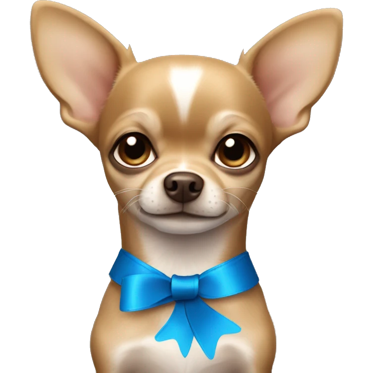 A grey brown chihuahua with little light brown eyes and a blue ribbon  emoji