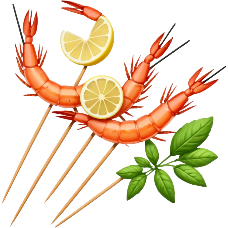 Draw grilled prawns on skewers with herbs & lemon slices. emoji