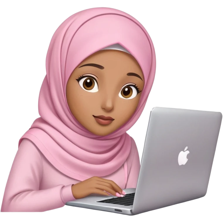 Light brown skin woman wearing light pink hijab with natural makeup, long eyelashes and lip gloss working behind laptop emoji