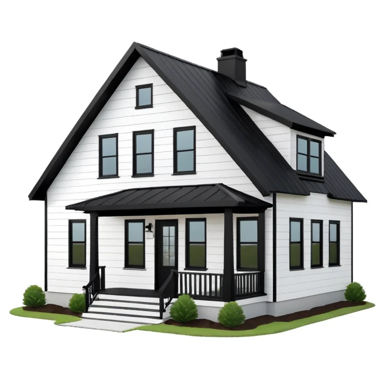 modern farmhouse with white siding, black roof and black trim, exterior view, 3d emoji