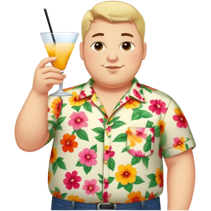 chubby guy full figure in a flowered shirt holding a cocktail emoji