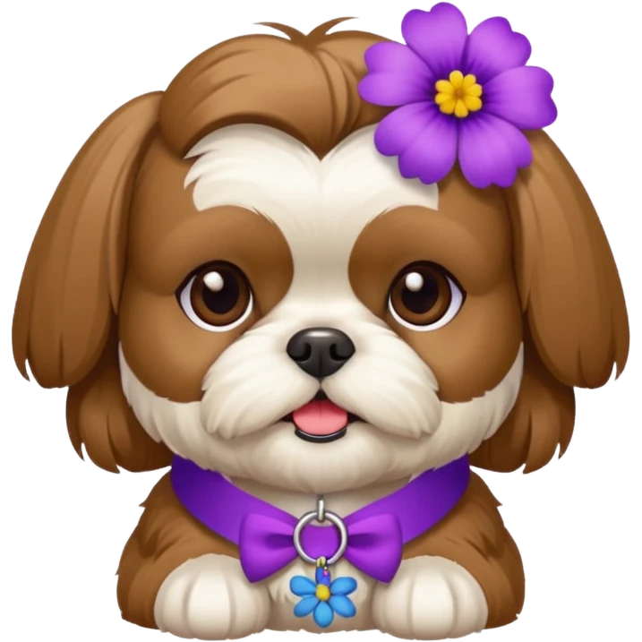 brown and white female shih tzu with purple flower collar  emoji