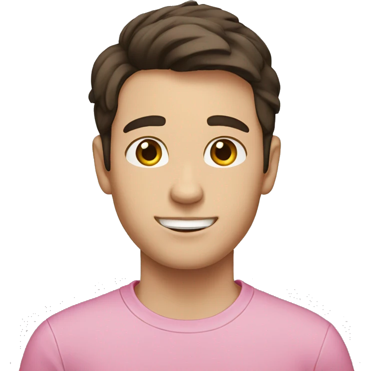 White boy with dark brown hair flipped to the side. Pink shirt.  emoji