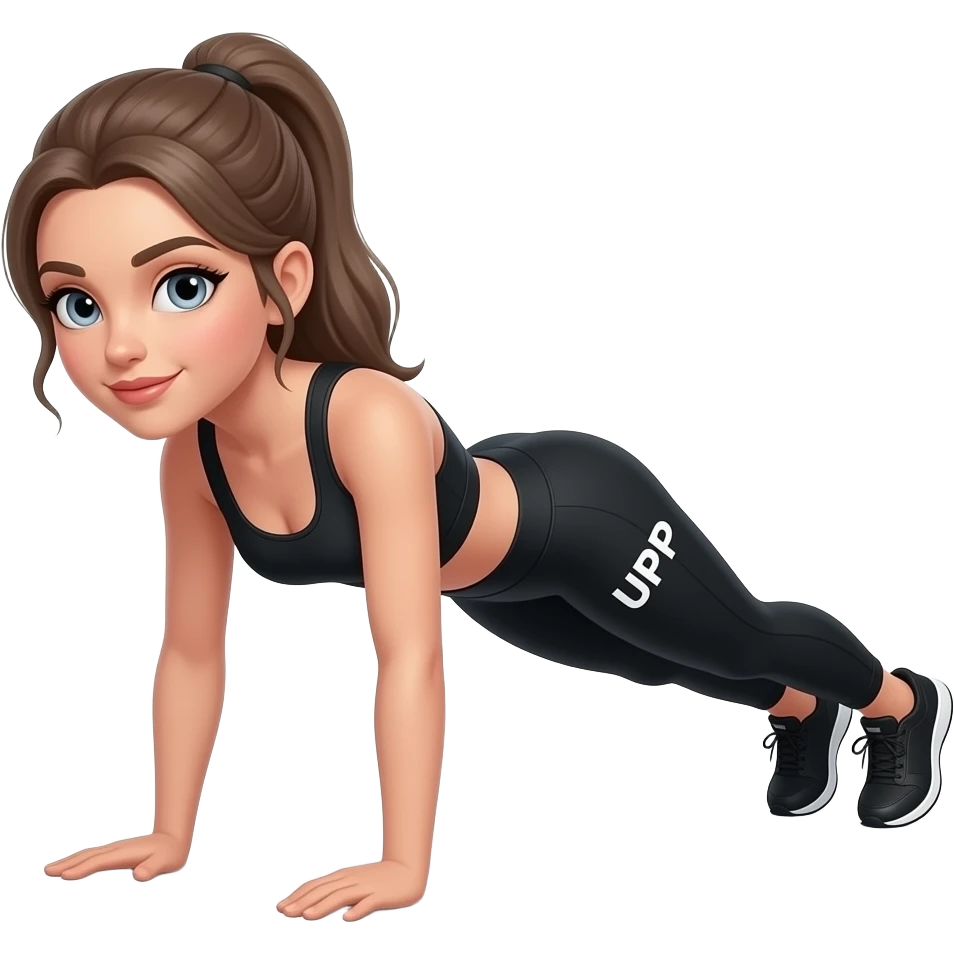 fair-skinned-woman,-light-gray-blue-eyes,-ash-brown-brows,-ash-light-brown-hair-tied-back,-slim-athletic-body,-black-workout-set,-black-sneakers-with-white-soles in plank position with "UPP" written on thigh emoji