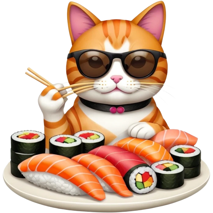 cool cat wearing sunglasses eating a big pile of colorful sushi pieces, stylish cat enjoying sushi emoji