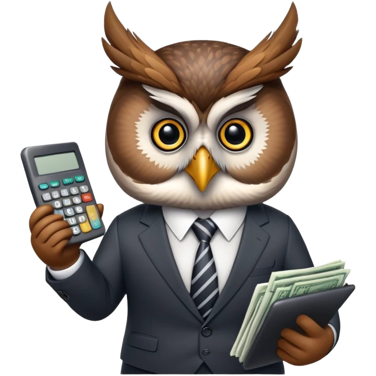 Twilio owl wearing finance outfit with business suit and tie, holding calculator emoji