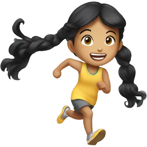 asian girl child running with black hair wavy, black eyes emoji
