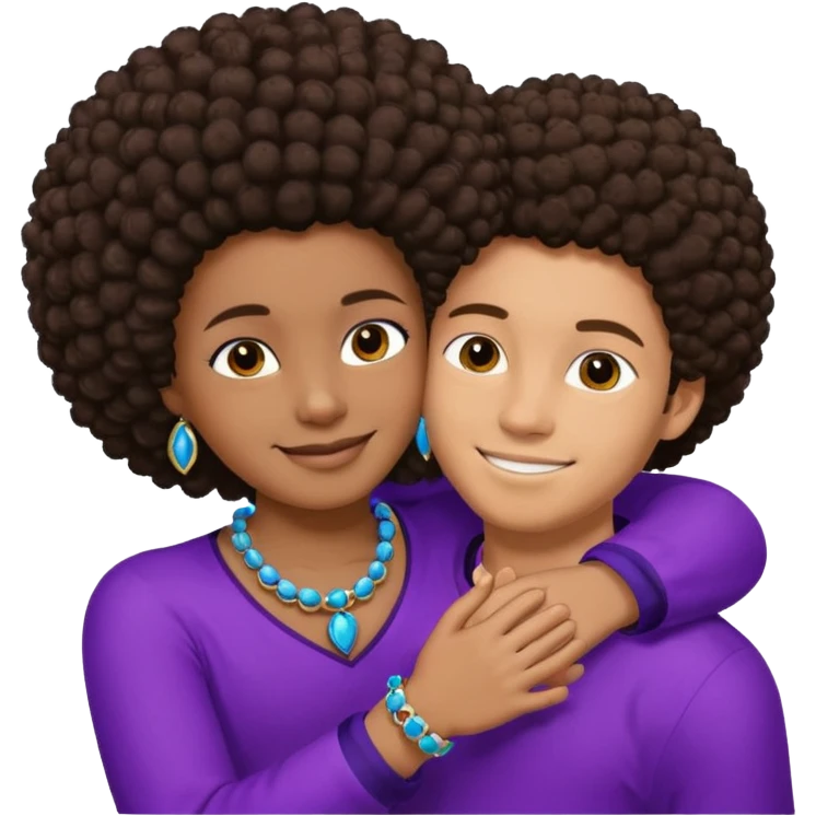 Tan male with short brown hair, smiling and hugging, black African girl with Afro in purple clothes with blue jewelry emoji