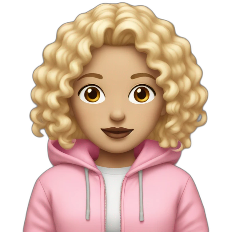 Girl with a White skin and curly blond hair and pastel pink hoodie and lipstick pink  emoji