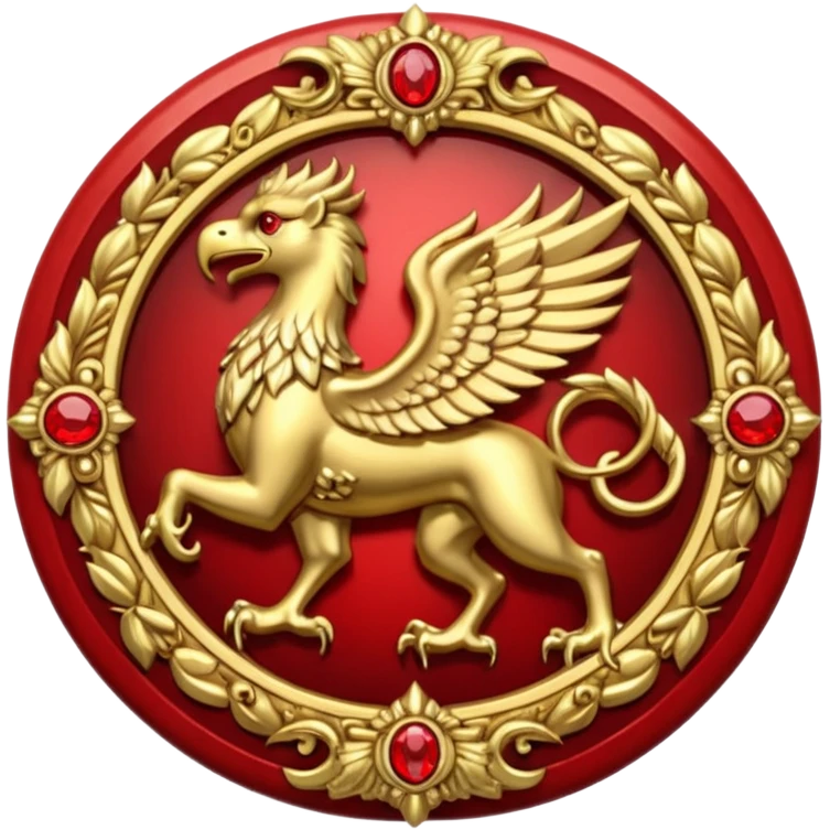 Golden griffin crest / brosch in a circle with red gems emoji