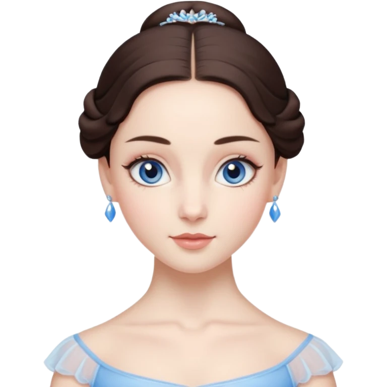 Realistic Ballerina Portrait, with porcelain-like skin featuring a natural rosy flush, illuminated by soft lighting that highlights the gentle contours of her face. Her Brunette hair flows in soft.Her deep blue eyes radiate framed by arched brows and long lashes. emoji