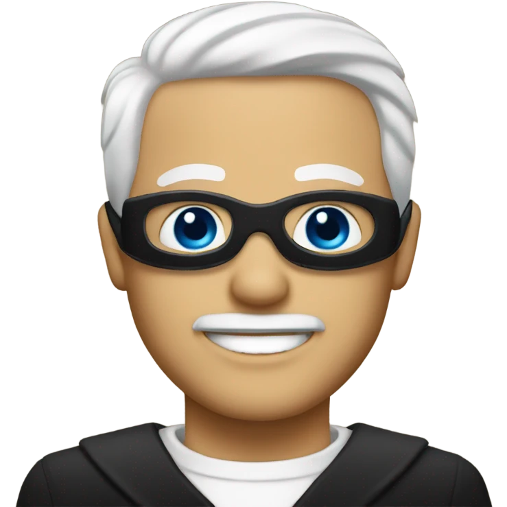 A man with White Hair, white skin, a black Blindfold, black tuxedo, and a smile emoji