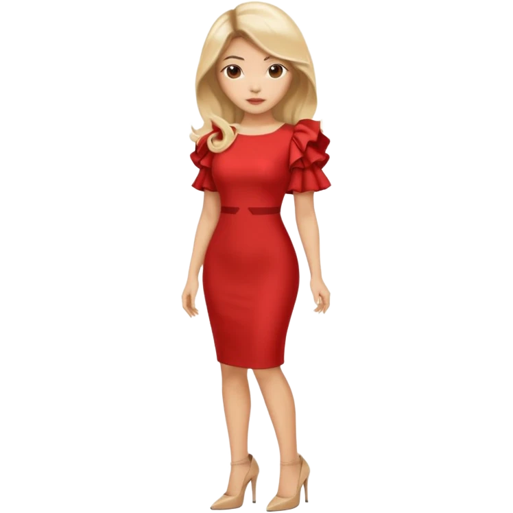 An Asian Lady with Voluminous balayage hair, blonde highlights in a red dress and beige heels  emoji