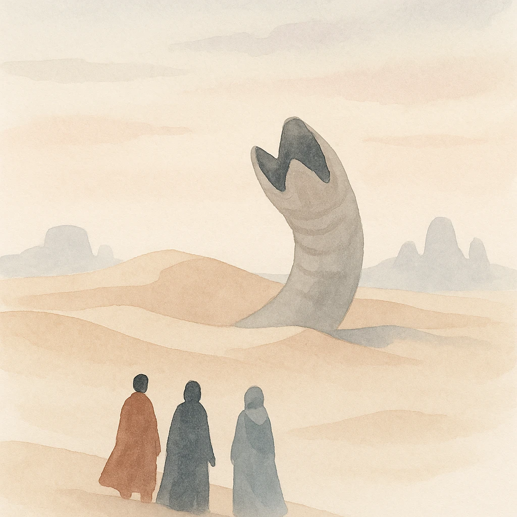 Arrakis planet from Dune, sandworm emerging from the sand in the midground, three figures in the foreground, rocky formations in the distance, dusk sky, in a painterly style emoji