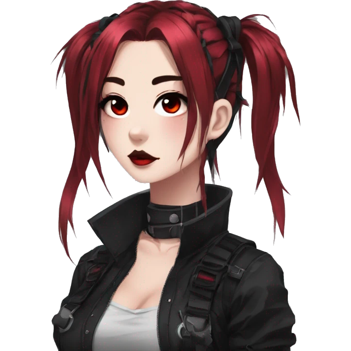 Gorgeous gothic dark techwear anime style lady with blushing face aesthetic and pretty edgy black red punk messy ponytail hair with collar and harness trending style emoji