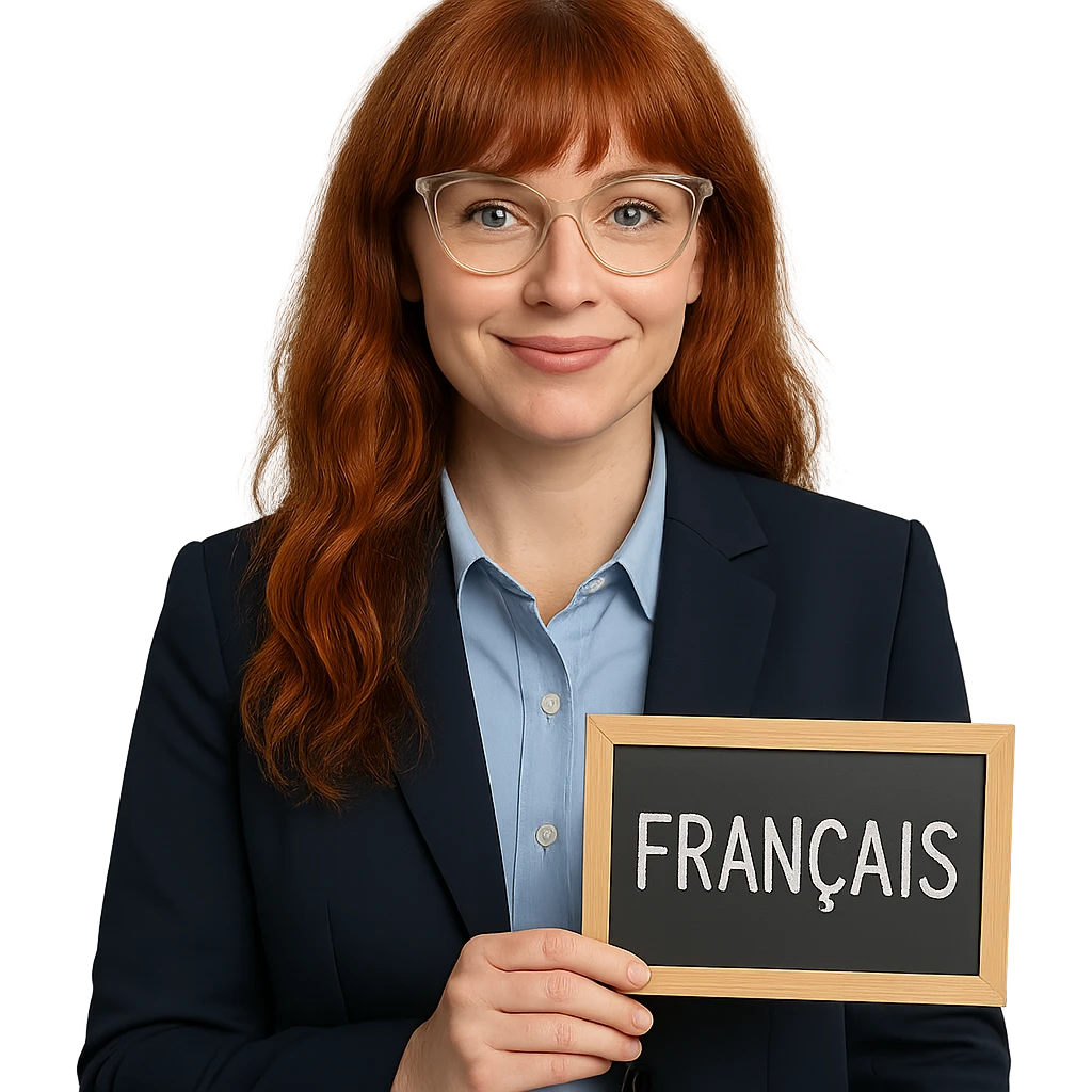 redhead woman with long wavy hair and bangs, wearing cat-eye clear-framed glasses, blue eyes, French teacher, professional and friendly emoji