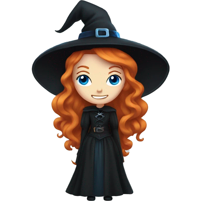 Gothic witch with blue eyes, ginger hair, smiling emoji