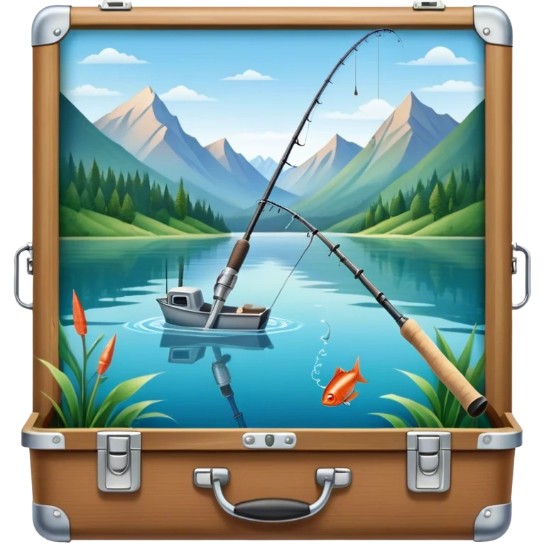Icon for Fishing Travel: a fishing rod, tackle box and a boat on a calm lake surrounded by mountains and lush greenery, with fish jumping out of the water. The icon should capture the peaceful and adventurous nature of fishing trips. Transparent background. emoji