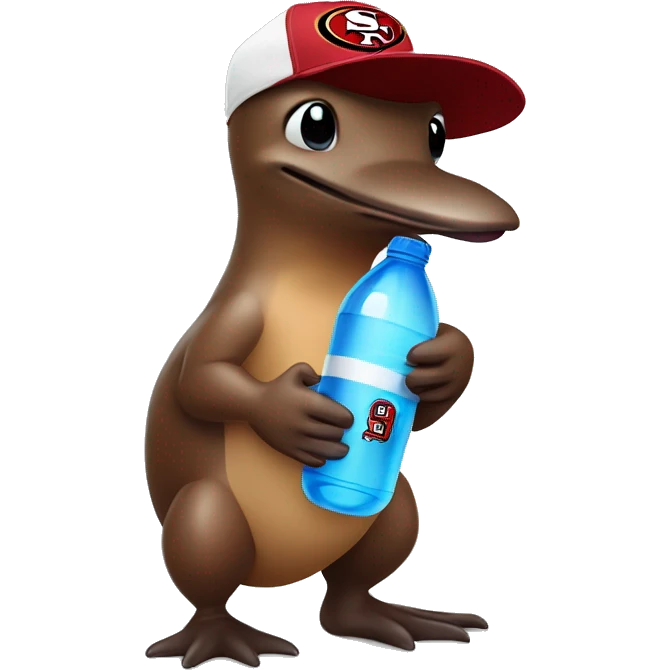 brown platypus wearing a white 49er hat holding water bottle emoji