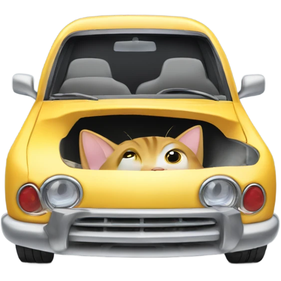 A cartoon emoji-style car with a curious cat peeking out from the open hood of the engine compartment. emoji