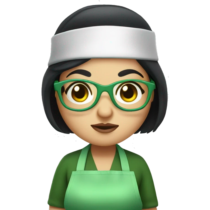 chubby lady with black hair and big eyes green apron  with glasses cooking  emoji