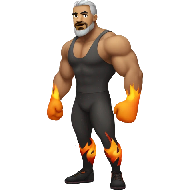 wrestler with brownish gray hair, goatee, flames on tights, muscular build emoji